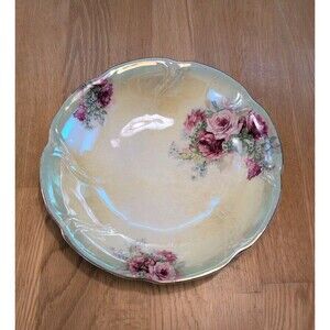 Sevres Green Porcelain 10" Serving Bowl Hand Painted Nouveau Pink Roses Gold Rim